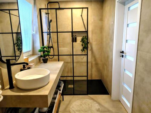 a bathroom with a sink and a shower at Dovolenkový domček in Sabinov