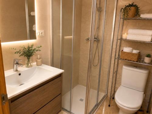 a bathroom with a shower and a toilet and a sink at Garbinada in Gandesa