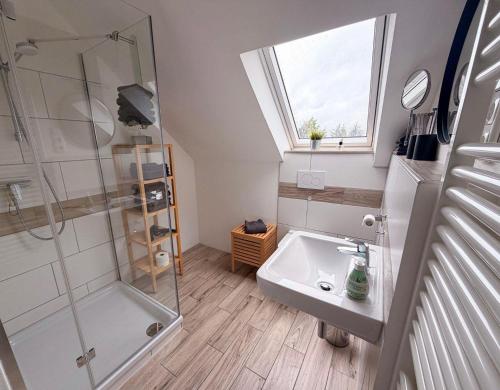 a bathroom with a shower and a sink at Ferienwohnung-Familie-Baasch in Embsen
