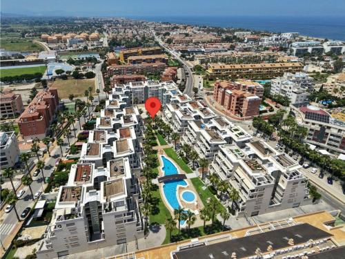 an aerial view of a city with a red balloon at Apartment Elegance-2 by Interhome in Denia