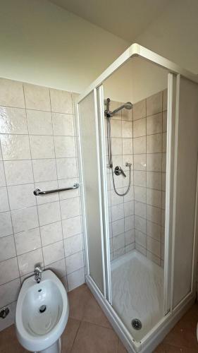 a bathroom with a shower and a toilet and a sink at Casa Tassistro in Pareto