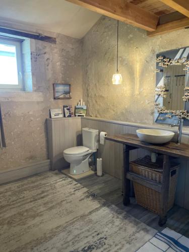 a bathroom with a toilet and a sink at gîte chêne doré in Ribérac