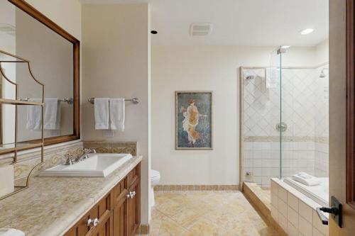 a bathroom with a sink and a shower at Snowcap Sanctuary in Ketchum
