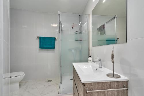 a bathroom with a shower and a sink and a toilet at Mirador del Mar in Torrox Costa