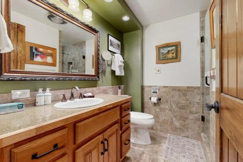 a bathroom with a sink and a toilet and a mirror at Million Dollar View- 419 in Durango