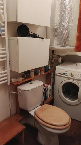 a bathroom with a toilet and a washing machine at Cool in Cévennes in Le Vigan