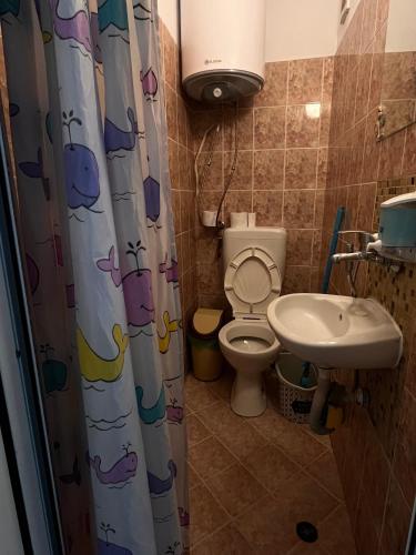 a small bathroom with a toilet and a sink at Just a Hostel in Sozopol