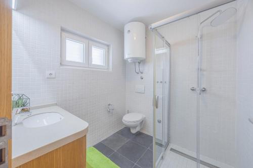 a bathroom with a toilet and a sink and a shower at Apartments at Frapa in Rogoznica