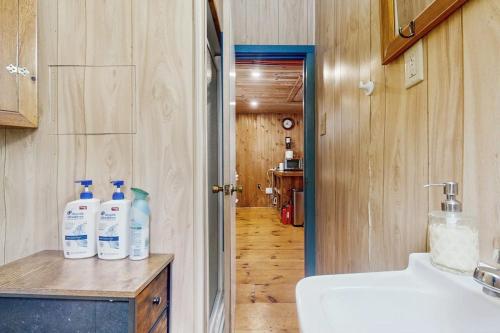a bathroom with three bottles of soap on a counter at Fornuto Cabin in Wardsboro