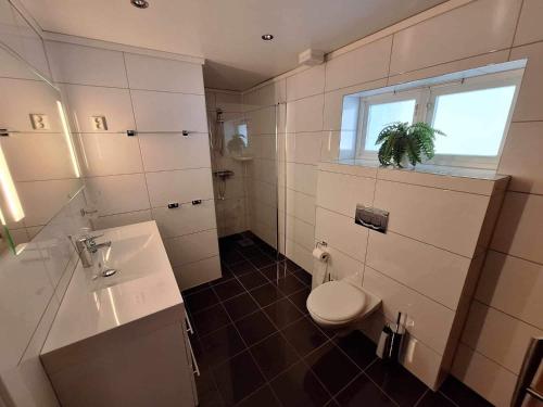 a bathroom with a toilet and a sink and a window at Aurlandsdalen in Aurland