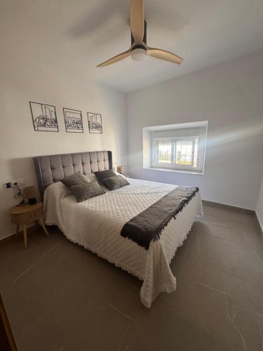 a bedroom with a bed and a ceiling fan at CALIZA y LUZ in Arcos de la Frontera