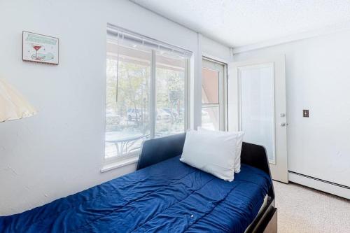 a bedroom with a blue bed and a large window at Wildernest Getaway in Silverthorne