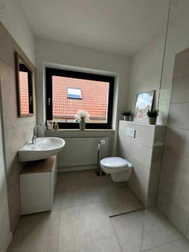 a bathroom with a sink and a toilet and a window at Ferienwohnung am Park in Brilon