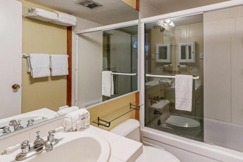 a bathroom with a sink and a toilet and a mirror at Snow Run Studio in Ketchum