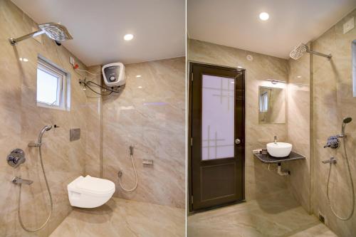 two pictures of a bathroom with a shower and a toilet at Hotel Aarnika Villa in New Town