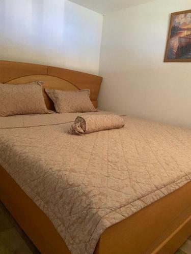 a bedroom with a bed with a cat laying on it at MILOSEV KONAk kuća na jezeru in Knić