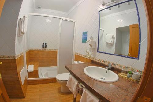a bathroom with a sink and a toilet and a mirror at Apartamentos La Palmera in Frontera