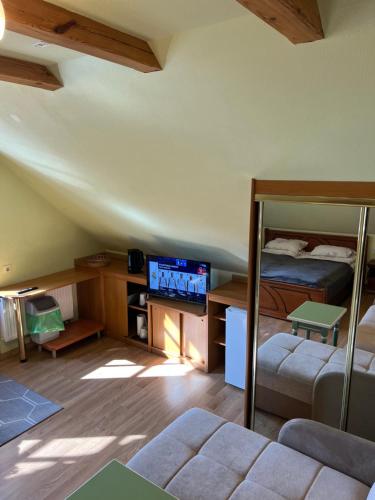 a room with a bed and a tv in a room at Guest House Naglis in Neringa