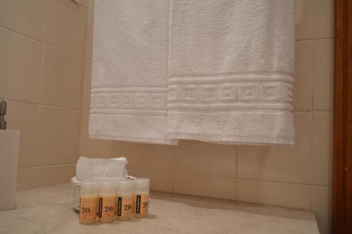 łazienka z ręcznikiem wiszącym nad prysznicem w obiekcie Lusitanus w mieście Golegã