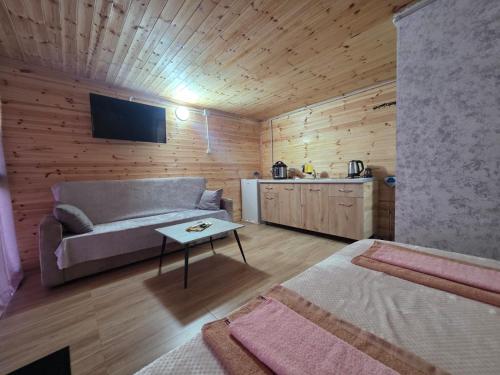 a living room with a couch and a table at Visi Cabins Bogë in Bogë