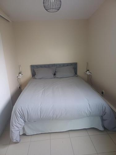 a bed in a white bedroom with a white floor at Studio a la campagne in Dissay