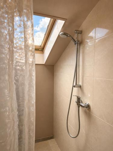 a bathroom with a shower with a skylight at Dom Winnica noclegi in Sochaczew