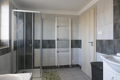 a bathroom with a shower and a sink at Apartmánový dům ROTOR in Kunowitz