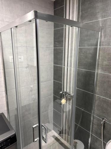 a shower stall in a bathroom with a toilet at New Bubanj Apartment 3 in Kragujevac