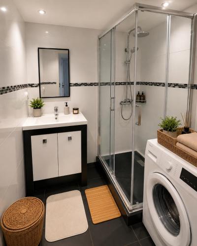 a bathroom with a shower and a washing machine at Downtown Terrace with panoramic view in Tourcoing