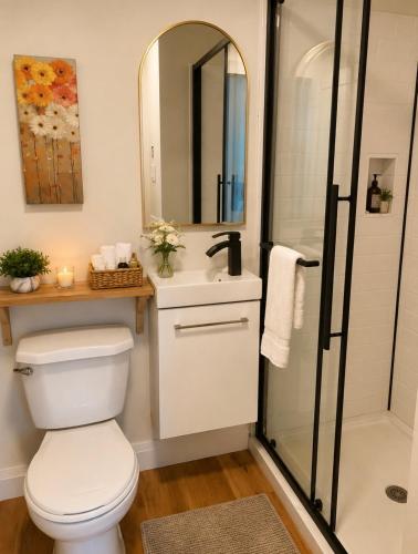 a bathroom with a toilet and a sink and a shower at Honey & Hook Tiny Home with Breakfast in St. Catharines