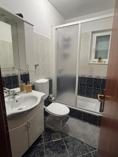 a bathroom with a toilet and a sink and a shower at Olivus 3 in Miletići