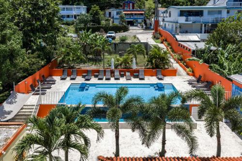 an aerial view of a resort swimming pool with palm trees at Villa del Enseuno- Pristine View and Infinity Pool in Luquillo