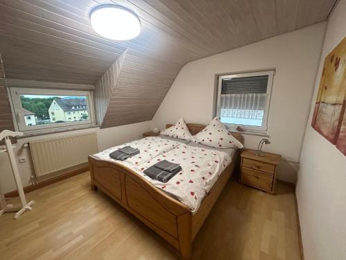 a bedroom with a bed and two windows at Wohnung an der schönen Aue Stadtzentrumsnähe in Fulda