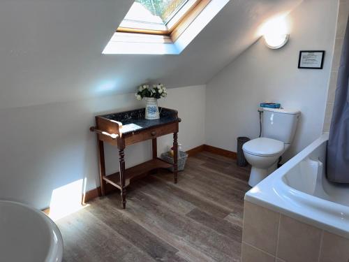 a bathroom with a sink toilet and a skylight at Rose Cottage with seasonal Swimming Pool in Le Mesnil-Gilbert