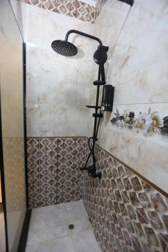 a shower with a shower head in a bathroom at Sacred Pyramids Stay in Cairo