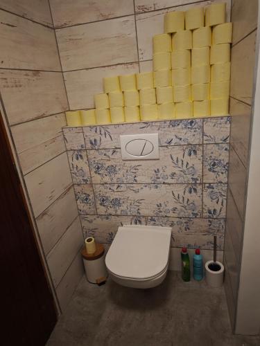 a small bathroom with a toilet and yellow shelves at Chata Radostín in Radostín