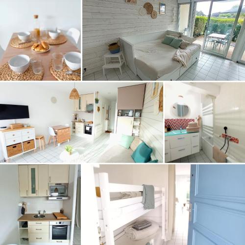 a collage of pictures of a bedroom and a living room at Studio l'Oasis - Piscine, plage de La Baule 10 min in Guérande