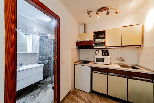 a small kitchen with a sink and a microwave at Rezidence Castello in Korčula