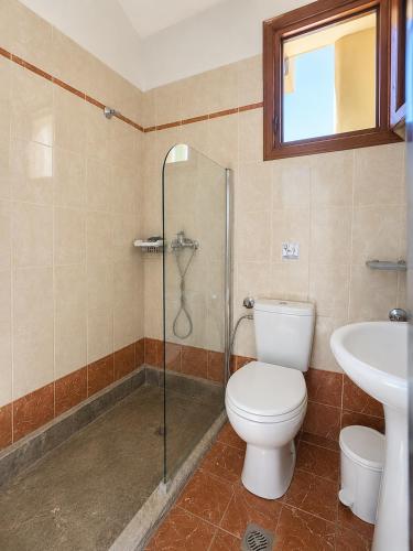 a bathroom with a toilet and a shower and a sink at Pangea Corfu Villa in Sidari