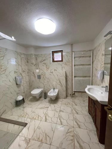 a bathroom with two sinks and two toilets at Hotel Trei Brazi in Băile Olăneşti