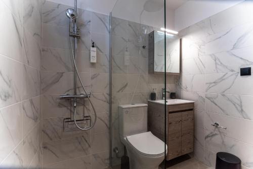 a bathroom with a shower with a toilet and a sink at Gallery Home in Kardamaina