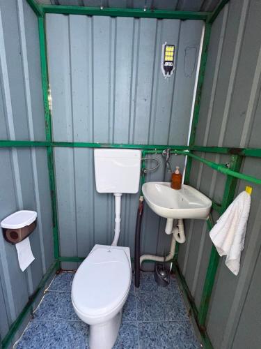 a small bathroom with a toilet and a sink at Green Oasis Retreat in Bar