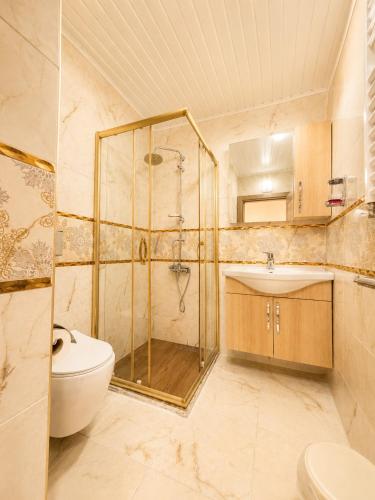 a bathroom with a shower and a toilet and a sink at Auga Apart in Uzungöl