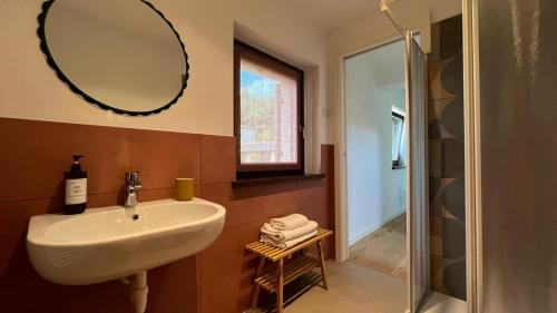 a bathroom with a sink and a mirror at Il Rustico di Corte Palù in San Martino Buon Albergo