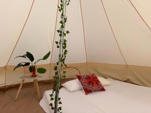 a bed in a tent with a plant on a table at The Ozorian Rooms & Glamping in Ozora