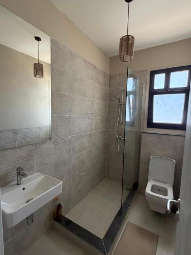 a bathroom with a shower and a sink and a toilet at D bay north coast chalet in El Dab‘a