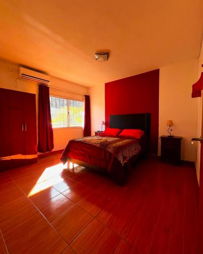 ein Schlafzimmer mit roten Wänden und einem Bett mit roten Kissen in der Unterkunft Apart Hotel Chilecito in Chilecito