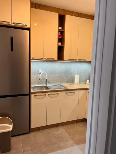 a kitchen with a sink and a refrigerator at Apartman A&V in Vranješ