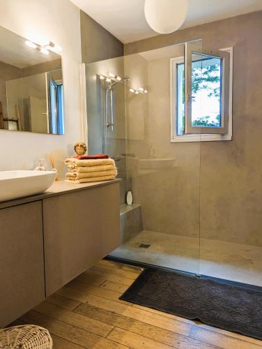 a bathroom with a sink and a glass shower at Chambre confortable Piscine Maison EtxeCosy in Bidart