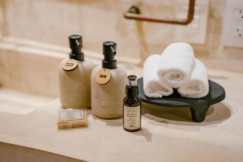 a bathroom counter with three bottles of soap and towels at Hotel Boutique Alma Peregrina in Valladolid
